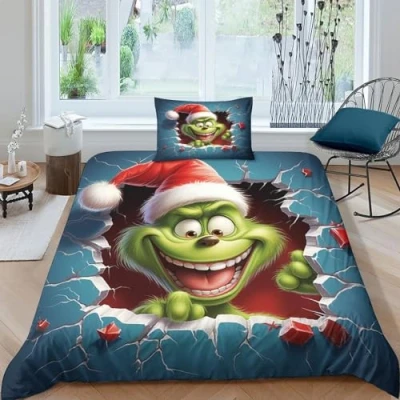 Image of ITOMEN Christmas Grinch 3D Print Quilt Cover for Boys Girls Comforter Covers Duvet Bedding Set with Zipper Closure Soft Microfiber Pillow Cases 2 Pieces Single（135x200cm）
