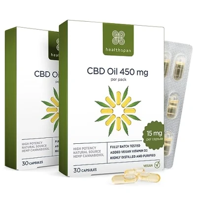 Image of Healthspan 900mg (2 x Packs of 450mg) CBD Oil Capsules 60 Added Vitamin D3 Vegan