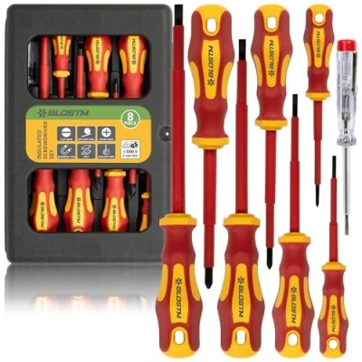 Image of BLOSTM Insulated Screwdriver Set 8pcs VDE Tested Electrical to 1000V, Hardened Black Point Magnetic Tipped Electricians with Anti Roll Design Storage Case Included