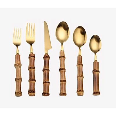 Image of 6 Pieces Stainless Steel Kitchen Silverware Dessert Knife, Fork and Spoon, Bamboo Handle Set (Gold)