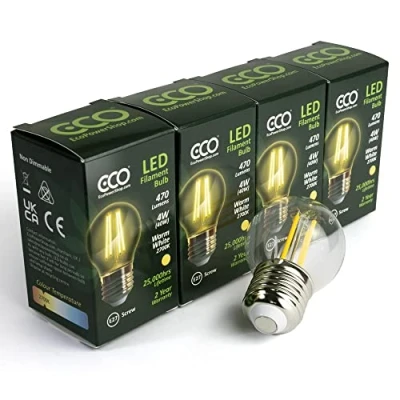 Image of ECO 40W Vintage LED Golf Ball Bulb, Low Energy 4W Filaments, 470 Lumen, Clear Glass, Warm White (2700K), E27 Large Edison Screw Fitting, G45 Size, 25000Hrs Lifetime