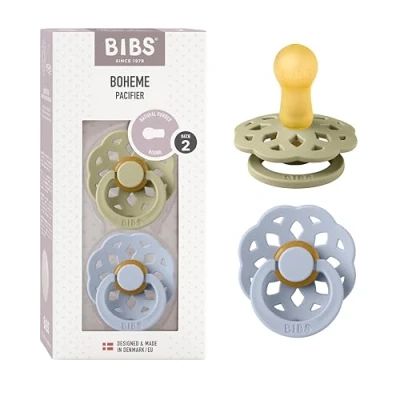 Image of BIBS Boheme Pacifiers 2 Pack BPA Free, Cherry Shape Nipple. Natural Rubber Latex, Made in Denmark. Size (6 18 Months), Khaki &amp; Dusty Blue