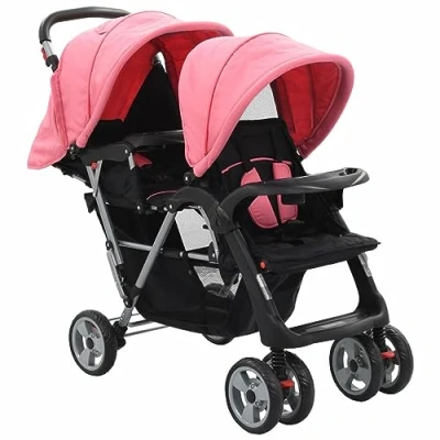 Image of TANZEM Tandem Stroller Pink and Black Steel,Pet Travel Dog Cat Pushchair Pram Jogger Buggy with 4 Wheels