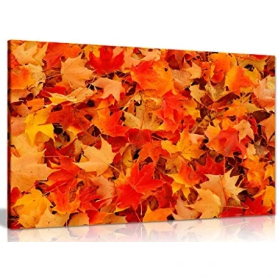 Image of Leaves Art Autumn Red Orange Canvas Wall Picture Print (36x24in)