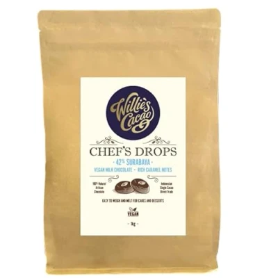 Image of Willie&#039;s Cacao Vegan Couverture milk chocolate Chef&#039;s Drops Surabaya 42% 1kg caramel notes For cooking &amp; baking Oat based