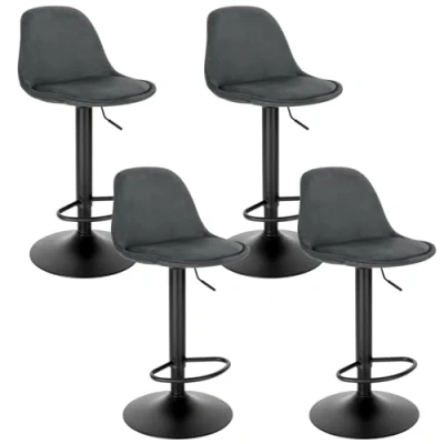 Image of Lestarain Bar Stools Set of 4 Height Adjustable Stools, Breakfast Chairs Kitchen Velvet Barstools with Footrest, Swivel, Backrest, Metal Base, High Dark Grey,LBAI74002 UK