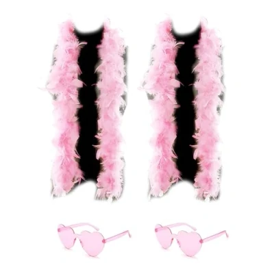 Image of db11 2 Pcs Feather Boas with Heart Rimless Sunglasses，4 ft Boa Halloween Christmas Bachelor Party Pack Accessory (Pink)