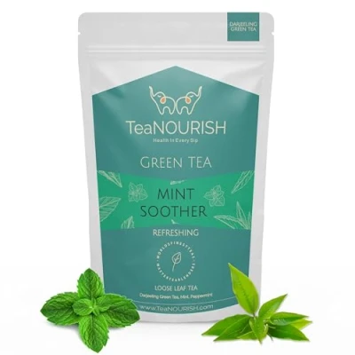 Image of TeaNOURISH Mint Soother Green Tea Darjeeling Loose Leaves Blended with Fresh &amp; Peppermint Refreshing Calming 50 Cups Hot or Iced 3.53oz/100g
