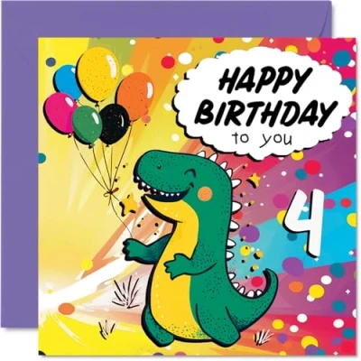 Image of 4th Birthday Card Boy Roarsome Dinosaur Party for 4 Year Old Boy, Age Boys Cards Fourth Card, 145mm x Cute Greeting