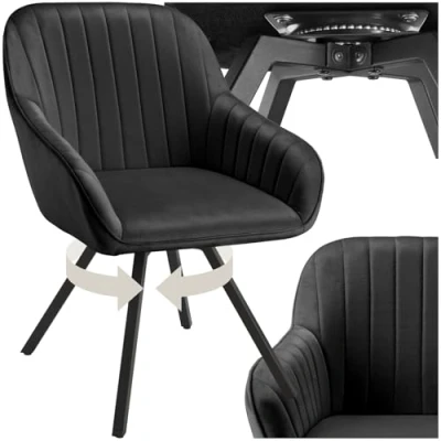 Image of TecTake® Velvet Armchair with Steel Legs, Continuous Arm &amp; Backrest, Soft Padding, 360 Swivel Chair Height Adjustable Feet Easy Assembly Ideal Dining Room, Kitchen Office Black