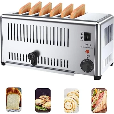 Image of 6 Slice Toaster Commercial Stainless Steel Toaster, Hand Pop Up Toasters, Extra Wide Slots, Hamburger Bun Removable Crumb Tray Five Speed Adjustable