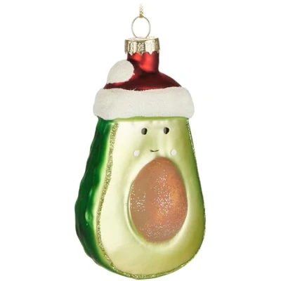 Image of BRUBAKER Christmas Avocado Hand Painted Glass Bauble Cheerful with Hat 4.3 inches (11 cm) Mouth Blown Tree Decoration Figurine Funny Pendant