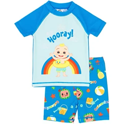 Image of CoComelon Swimsuit for Boys Blue JJ Character Musical Beach Two Piece Top Shorts Bathing Suit Swim Set Kids Nursery Rhymes Songs 5 6 Years