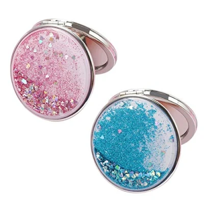 Image of 2 Pieces Compact Mirror, Round Hand Held Mini Double sided Folding Dynamic Quicksand Portable Pocket 2x High definition Makeup Mirror