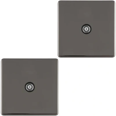 Image of 2 Pack 1 Gang Single TV Coaxial Aerial Socket SCREWLESS Black Nickel Wall Plate Decorative Television Coax Face