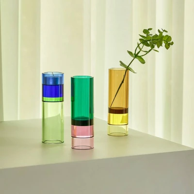 Image of Hübsch Astro tea light holder, green/pink, crystal glass, 15 cm