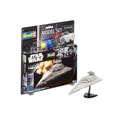 Image of Revell Model Set 63609 Star Wars Imperial Destroyer 1:12300 Scale Unbuilt/Unpainted Plastic Kit with Contacta Professional Glue, Paintbrush &amp; Selected Aqua Color Paints