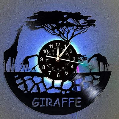 Image of Smotly Vinyl wall clock, giraffe themed digital home decoration clock gift with 7 colorful night lights.