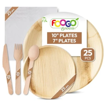 Image of FOOGO Green 150pcs Disposable Palm Leaf Plates Wooden Cutlery Set and White Napkins, FSC® Certified, 25x Large Round Plates, Small Side Forks, Knives, Spoons, Napkins
