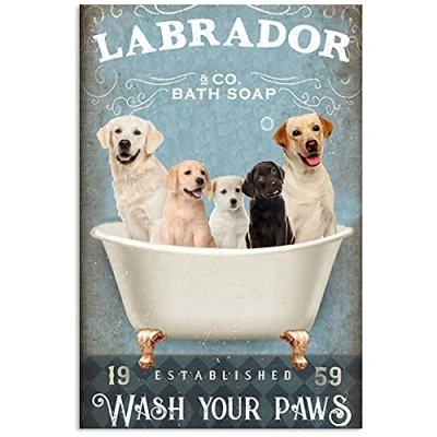 Image of TNND Labrador Bath Soap Wash Your Paws Home Room Metal Sign Art Tin Poster Gift 8x12 inch
