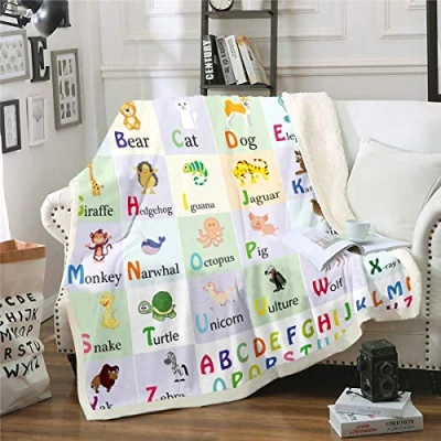 Image of Alphabet Sherpa Blanket Cartoon Animals Print Fleece Throw for Kids Boys Girls Geometric Grid Plush Child Early Education Fuzzy Sofa Bed Couch Single 50x60 Inch