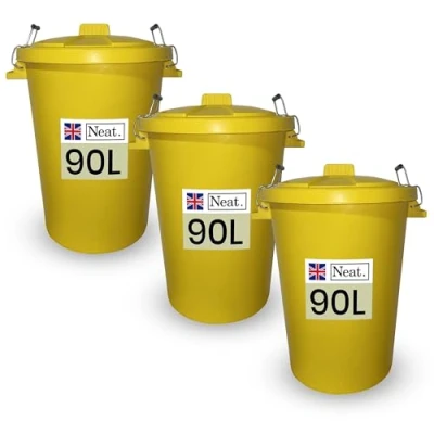 Image of Neat. 90L Bin Coloured Large Plastic Bins, Heavy Duty Kitchen with Metal Handle Dustbin Lid For Easy Refusal, Garden Indoor Outdoor Rubbish Waste, Storage of Animal Feed, Yellow 3Pack