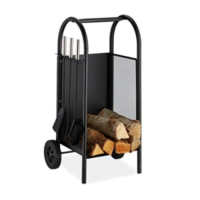 Image of Relaxdays Firewood Cart with Companion, Steel Holder, 3 Piece Tool Set, Shovel, Broom &amp; Poker, Black, plastic, rubber, 81 x 42 37 cm,10028779