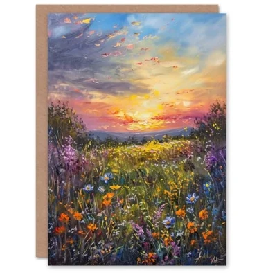 Image of Artery8 Wildflower Meadow at Sunset Oil Painting Summer Greeting Birthday Card Him Her All Blank