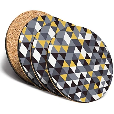 Image of Destination Vinyl ltd Great Coasters (Set of 4) Round Yellow Grey Black Triangle Pattern Drink Glossy Coasters/Tabletop Protection for Any Table Type #24585