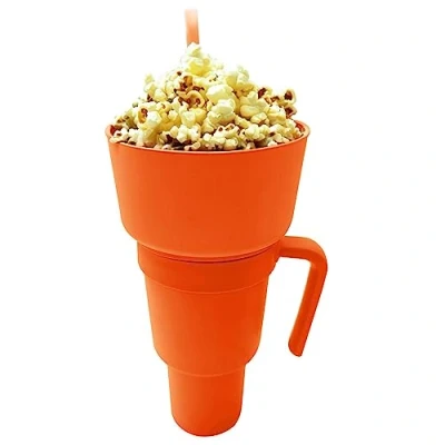 Image of SHEETA Cup Bowl Combo, Snack Drink 2 in 1 with Straw, Stadium Tumbler Popcorn Multifunctional for Travel Movie Night (Orange)