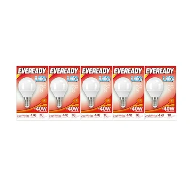 Image of Eveready E14 Bulb LED Golf (SES) 470 lumens 4.9 Watt Cool White 4000k. Pack of 5 Bulbs
