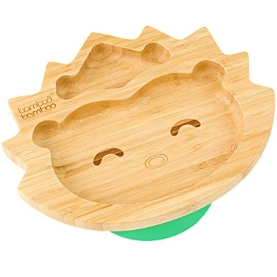 Image of Bamboo Baby Plate and Toddler Plate, Suction for Feeding Weaning, Hedgehog with Secure Suction, Plates Babies from 6 Months (Hedgehog, Green)