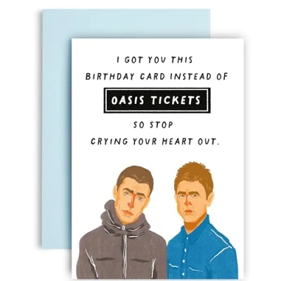 Image of Huxters Funny Happy Birthday card for her him men Mum, Friend Oasis Ticket gifts from women gift Brother Dad 14.8cm square