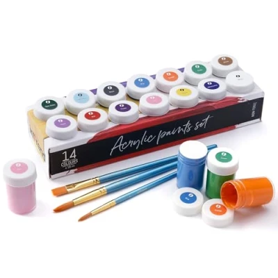 Image of int!rend Acrylic Paint Set + Brushes 14 Craft Paints x 18ml for Children &amp; Adults Waterproof Colours Painting Canvas, Wood, Clay Paper
