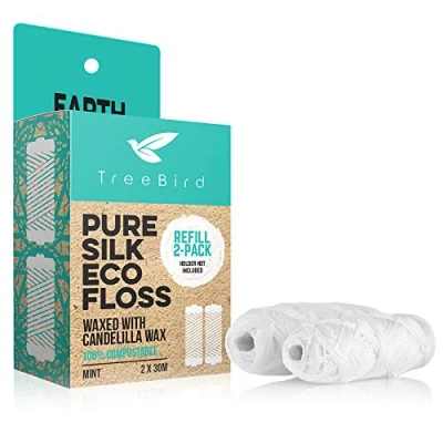 Image of Biodegradable Dental Floss Refills 2 pack For Refillable Glass Holder Naturally Waxed With Candelilla Wax 100% Compostable Natural Silk Spools of 66 yds/60m Eco Friendly Zero Waste Oral Care