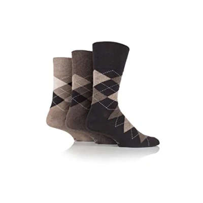 Image of Gentle Grip Mens 3 Pair Argyle Cotton Socks Beige/Brown 6 11
