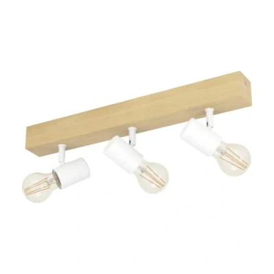 Image of EGLO Townshend 3 ceiling lamp, flame vintage spot in industrial design, retro lamp made of steel and wood, white, brown, E27 socket