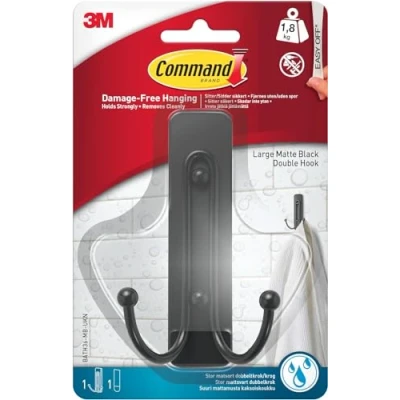 Image of Command Large Double Bathroom Wall Hook, Matte Black 1 Hook and Water Resistant Strip for Hanging Bath Towels Damage Free with Adhesive