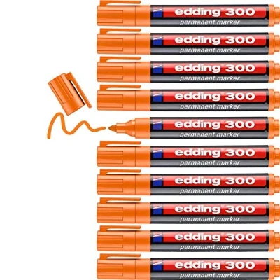Image of edding 300 permanent marker orange 10 pens round tip 1.5 3 mm waterproof, quick drying, smear proof for cardboard, plastic, glass, wood, metal and fabric