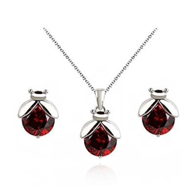 Image of Crystalline Azuria Women Girls 18ct White Gold Plated Red Zirconia Crystals Ladybugs Set Pendant Necklace Stud Earrings