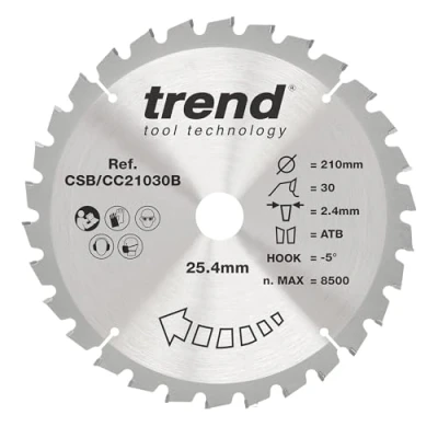 Image of Trend Wood Mitre Saw Blade, 210mm Diameter, 25.40mm Bore, 30 Teeth, 2.4mm Kerf, 5 Hook, TCT, Medium Finish, CSB/CC21030B