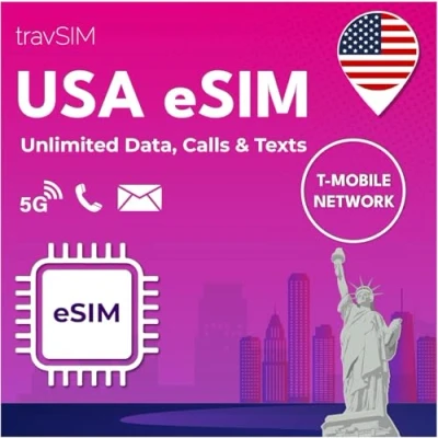Image of travSIM eSIM USA T Mobile network Unlimited data, calls and texts in the US works on compatible iOS Android devices 30 days