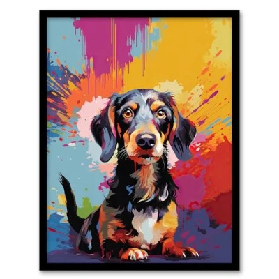 Image of Artery8 Wirehaired Dachshund Dog Lover Gift Pet Portrait Colourful Artwork Painting Framed Wall Art Print A4