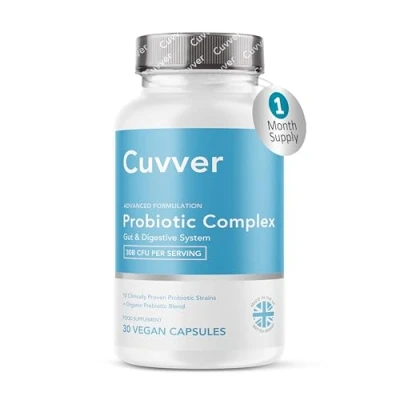 Image of Cuvver Probiotics &amp; Prebiotics Complex 30 Billion CFU, 1 Month Supply, 10 Bacterial Cultures, Gut Health Supplement for Women Men Bloating, Digestion Immunity Made in UK, Vegan Capsules