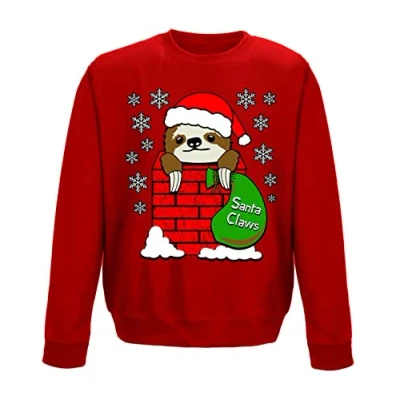 Image of Santa Claws Cute Sloth In Chimney Festive Christmas Kids Sweatshirt Red 9 11 Years (L)