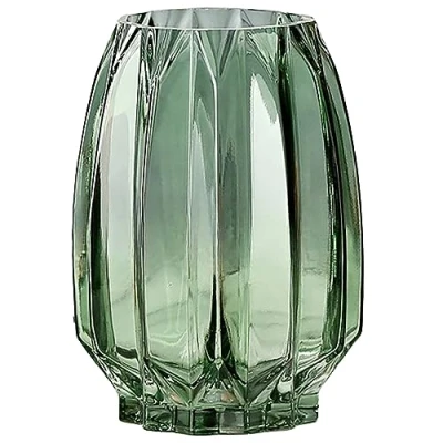 Image of Lucky Bird Purple Pink Glass Vase Modern Ribbed for Flowers, Candles, and Decorative Accents Tall/Short Centerpieces Home Table Decor(Green H8.0inch)