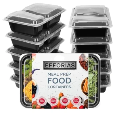 Image of Efforias [30 Pack, 32oz] 2 Compartment Plastic Meal Prep Containers Reusable BPA Free Food with Airtight Lids Microwavable, Freezer and Dishwasher Safe