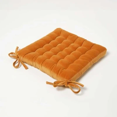 Image of HOMESCAPES Burnt Orange Velvet Seat Pad for Dining Chair 40 x cm Super Soft 100% Cotton Quilted with Straps Indoor &amp; Outdoor Garden Use Lasting Comfort Support