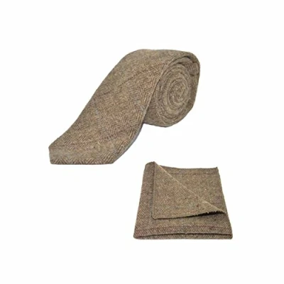 Image of King &amp; Priory Luxury Herringbone Brown Tweed Tie Pocket Square Set