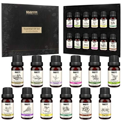 Image of BRUBAKER Cosmetics Set of 12 Essential Oils X 10 ML Lavender Rose Rosemary Chamomile Lemon Cedar Patchouli Sage Ylang Cardamon Argan Tea Tree for Diffuser Massage Aromatherapy